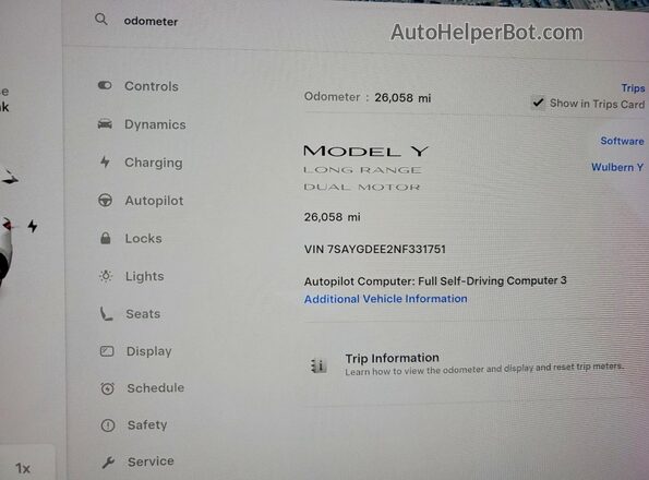 7SAYGDEE2NF331751 2022 TESLA MODEL White Vista del cuadro de instrumentos