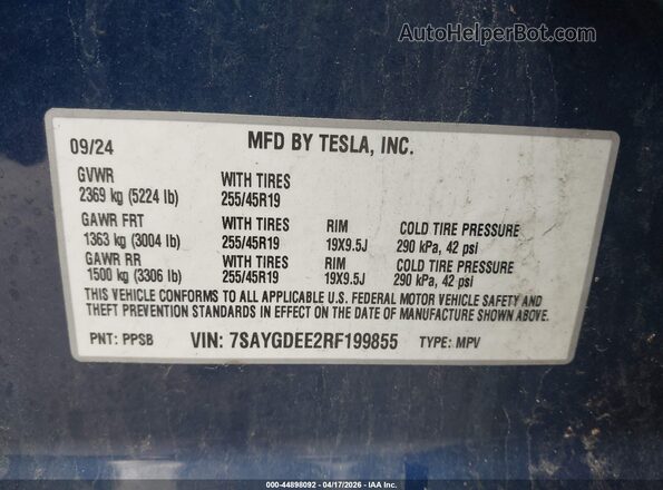 7SAYGDEE2RF199855 2024 TESLA MODEL Y Blue Widok komory silnika