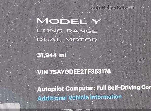 7SAYGDEE2TF353178 2026 TESLA MODEL Y Black Vista interior de 360 grados