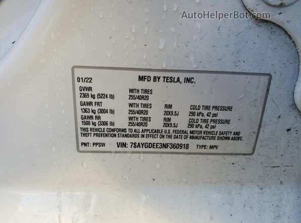 7SAYGDEE3NF360918 2022 TESLA MODEL White Вид наклейки з VIN-кодом