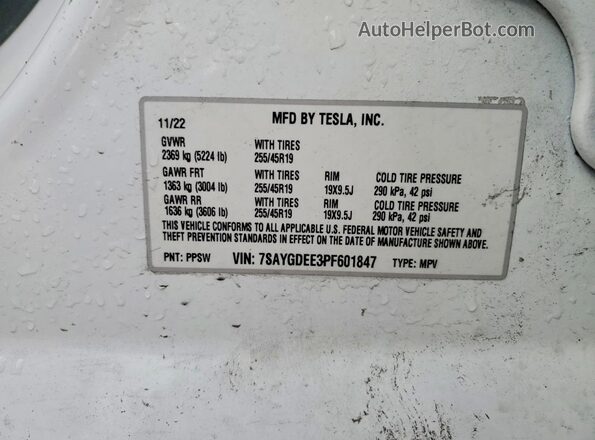 7SAYGDEE3PF601847 2023 TESLA MODEL White Vista de la etiqueta del VIN