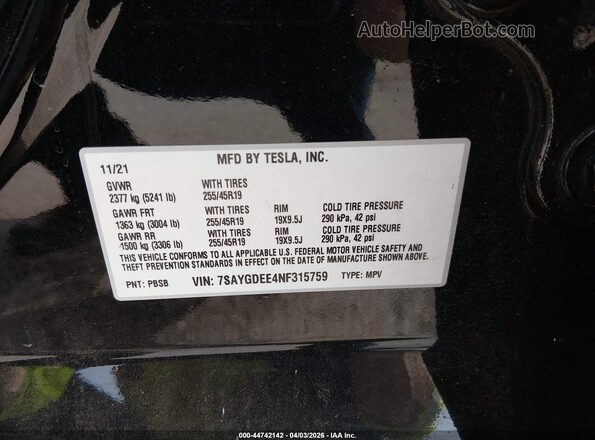 7SAYGDEE4NF315759 2022 TESLA MODEL Y Black Շարժիչի բաժամունքի տեսք