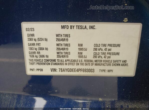 7SAYGDEE4PF693003 2023 TESLA MODEL Y Blue Widok komory silnika