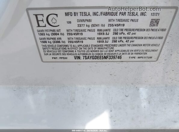 7SAYGDEE5NF339746 2022 TESLA MODEL Y White Engine compartment view