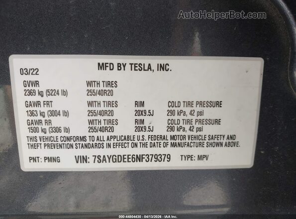 7SAYGDEE6NF379379 2022 TESLA MODEL Y Gray Вид підкапотного простору