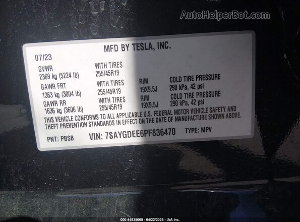 7SAYGDEE6PF836470 2023 TESLA MODEL Y Black Вид підкапотного простору