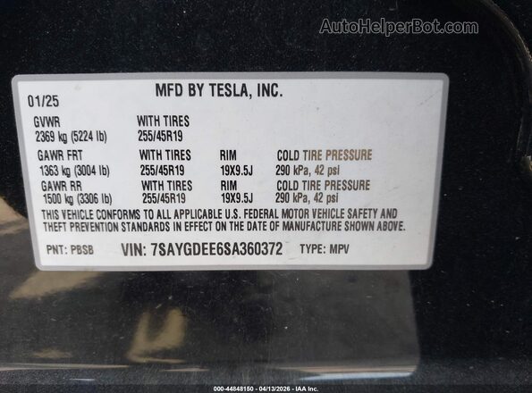 7SAYGDEE6SA360372 2025 TESLA MODEL Y Black Widok komory silnika