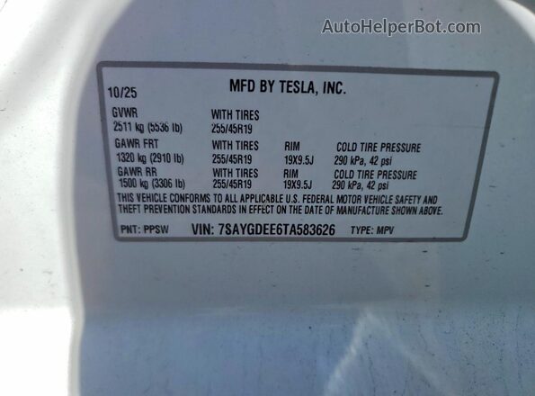 7SAYGDEE6TA583626 2026 TESLA MODEL White Շարժիչի բաժամունքի տեսք