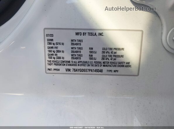 7SAYGDEE7PA149348 2023 TESLA MODEL Y White Widok komory silnika