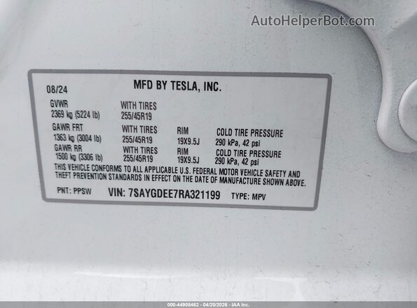 7SAYGDEE7RA321199 2024 TESLA MODEL Y White Вид підкапотного простору