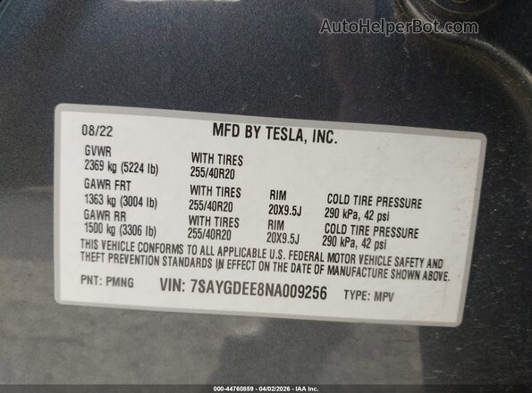 7SAYGDEE8NA009256 2022 TESLA MODEL Y Gray ძრავის განყოფილების ხედი