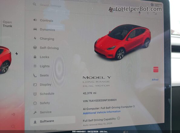 7SAYGDEE8NF308801 2022 TESLA MODEL Y Red Հետևի նստատեղերի տեսք