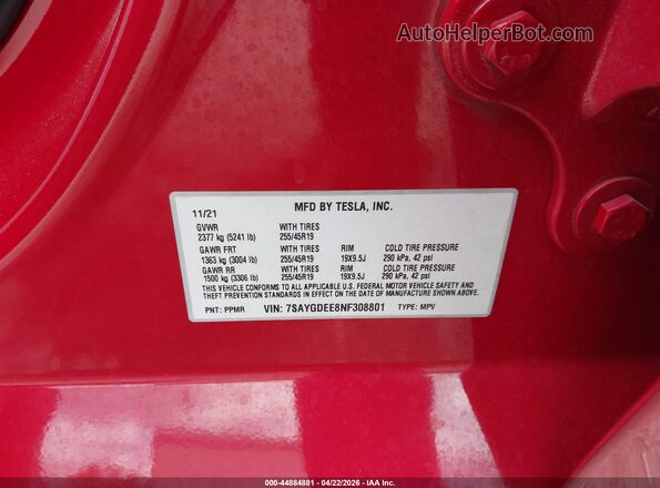 7SAYGDEE8NF308801 2022 TESLA MODEL Y Red Շարժիչի բաժամունքի տեսք