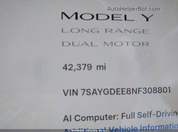7SAYGDEE8NF308801 2022 TESLA MODEL Y Red 