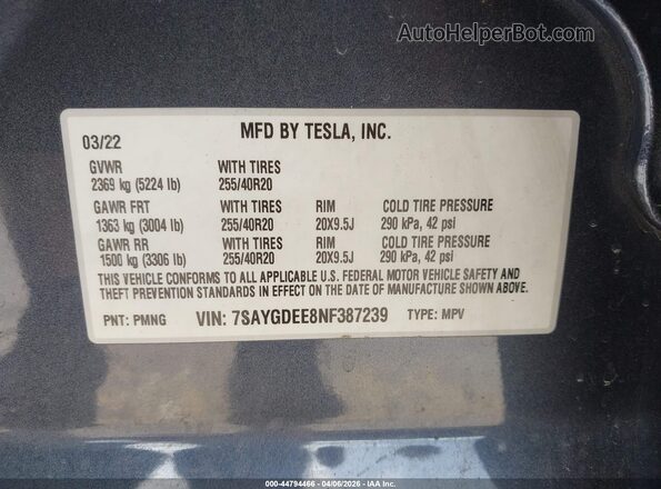 7SAYGDEE8NF387239 2022 TESLA MODEL Y Gray Engine compartment view