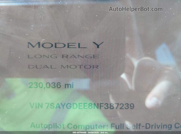 7SAYGDEE8NF387239 2022 TESLA MODEL Y Gray 