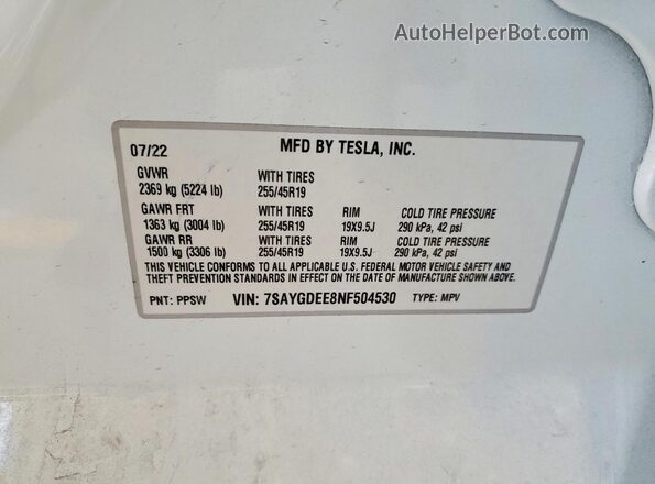 7SAYGDEE8NF504530 2022 TESLA MODEL White VIN კოდის სტიკერის ხედი