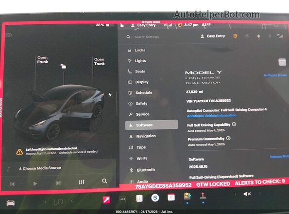 7SAYGDEE8SA359952 2025 TESLA MODEL Y Blue 
