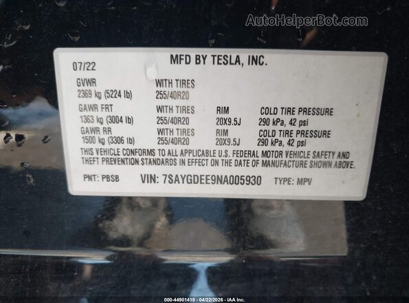 7SAYGDEE9NA005930 2022 TESLA MODEL Y Black Widok komory silnika
