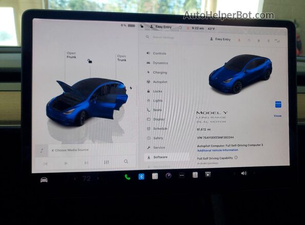 7SAYGDEE9NF382244 2022 TESLA MODEL Blue Սարքավորումների վահանակի տեսք