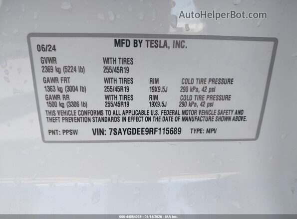 7SAYGDEE9RF115689 2024 TESLA MODEL Y White ძრავის განყოფილების ხედი