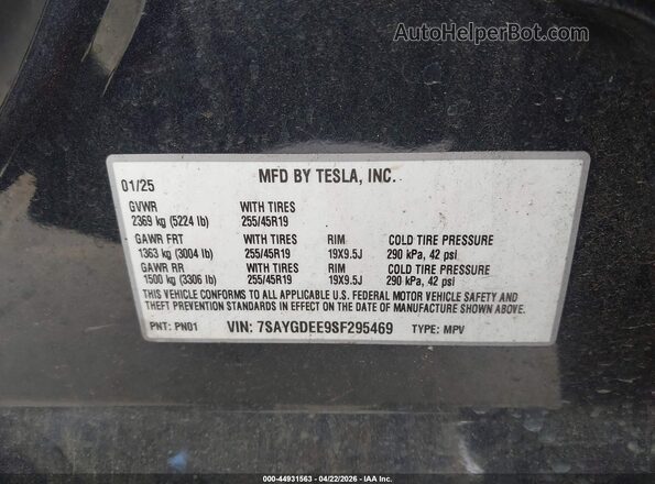 7SAYGDEE9SF295469 2025 TESLA MODEL Y Gray VIN კოდის სტიკერის ხედი