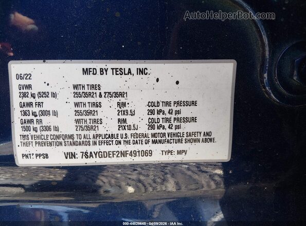 7SAYGDEF2NF491069 2022 TESLA MODEL Y Blue Vista del compartimento del motor