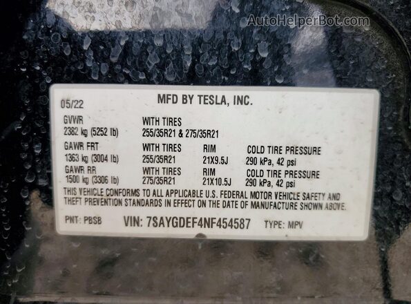 7SAYGDEF4NF454587 2022 TESLA MODEL Black Vista de la etiqueta del VIN