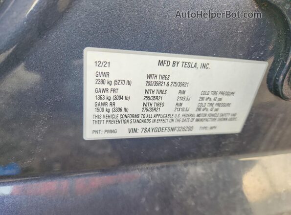 7SAYGDEF5NF326200 2022 TESLA MODEL Gray 360 interior view