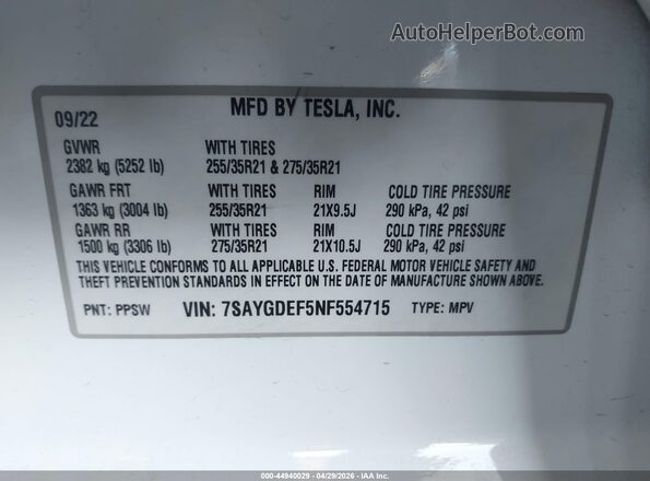 7SAYGDEF5NF554715 2022 TESLA MODEL Y White ძრავის განყოფილების ხედი