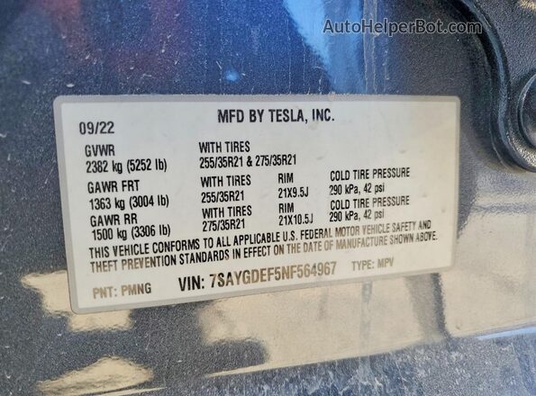 7SAYGDEF5NF564967 2022 TESLA MODEL Silver ძრავის განყოფილების ხედი