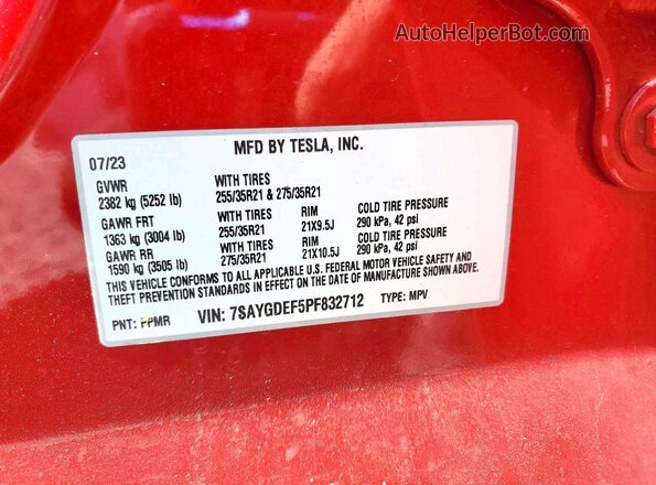 7SAYGDEF5PF832712 2023 TESLA MODEL Красный Вид подкапотного пространства