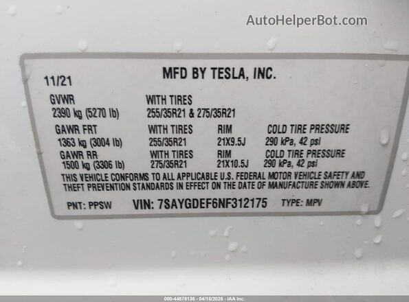 7SAYGDEF6NF312175 2022 TESLA MODEL Y White Widok komory silnika