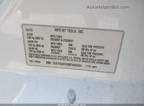 7SAYGDEF6NF469494 2022 TESLA MODEL Y White ძრავის განყოფილების ხედი