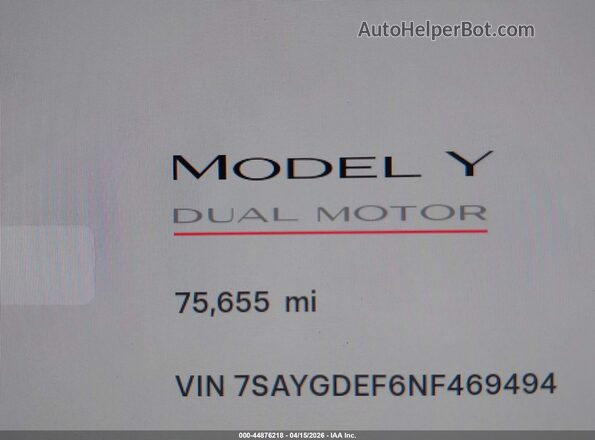 7SAYGDEF6NF469494 2022 TESLA MODEL Y White 