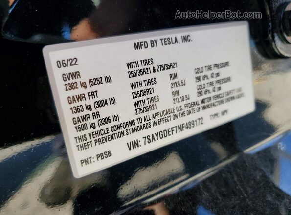 7SAYGDEF7NF489172 2022 TESLA MODEL Black ძრავის განყოფილების ხედი