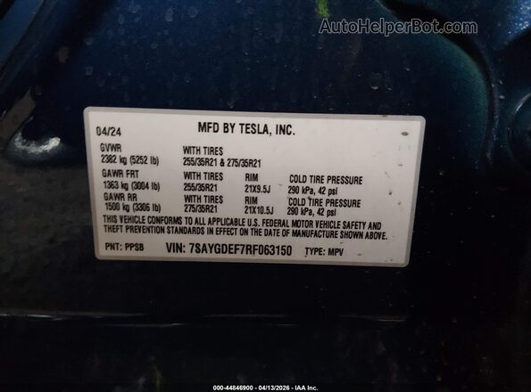 7SAYGDEF7RF063150 2024 TESLA MODEL Y Blue Widok komory silnika