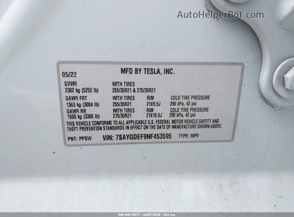7SAYGDEF9NF453595 2022 TESLA MODEL Y White Engine compartment view