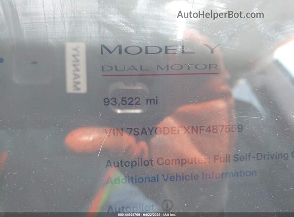 7SAYGDEFXNF487559 2022 TESLA MODEL Y White 