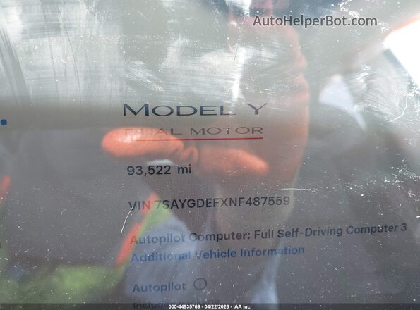 7SAYGDEFXNF487559 2022 TESLA MODEL Y White უკანა სავარძლების ხედი