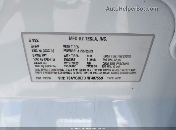 7SAYGDEFXNF487559 2022 TESLA MODEL Y White ძრავის განყოფილების ხედი