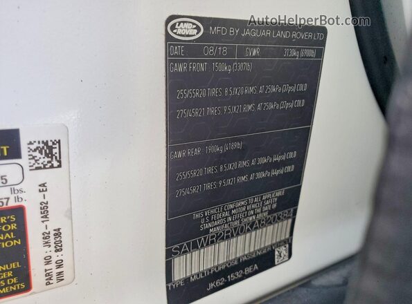 SALWR2RV0KA820384 2019 LAND ROVER RANGE Белый Панорамный вид салона 360°