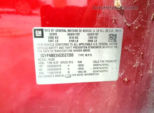 3GYFNBE39GS527266 2016 CADILLAC SRX Red Vista de la etiqueta del VIN