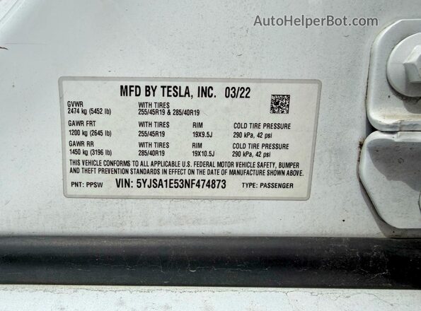 5YJSA1E53NF474873 2022 TESLA MODEL Белый Вид задней части салона