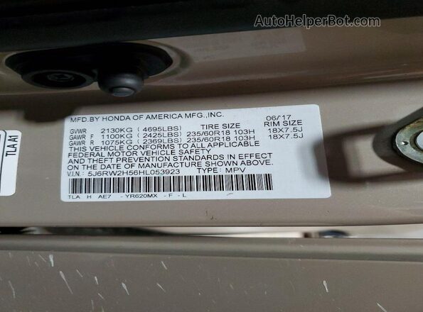 5J6RW2H56HL053923 2017 HONDA CR-V Желто-коричневый Вид наклейки с VIN-кодом