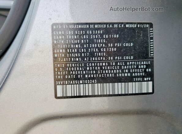 3VV1B7AX5LM103243 2020 VOLKSWAGEN TIGUAN Silver Vista interior de 360 grados