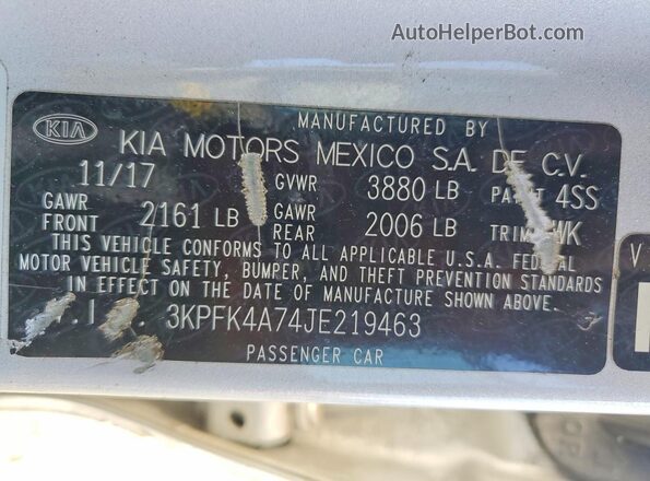 3KPFK4A74JE219463 2018 KIA FORTE Серебряный Вид наклейки с VIN-кодом