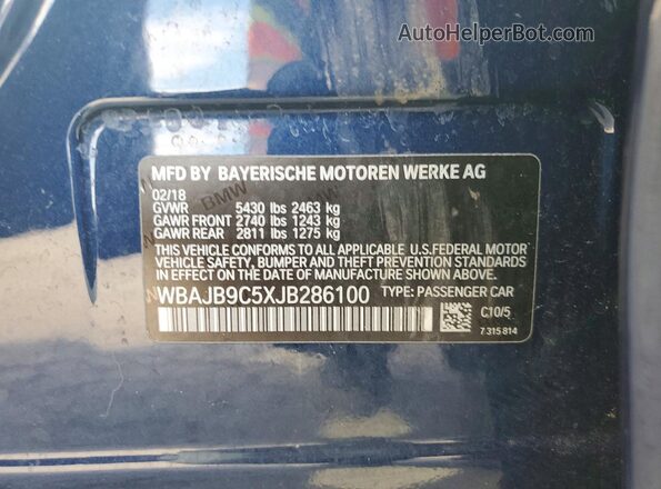 WBAJB9C5XJB286100 2018 BMW M5 Blue VIN კოდის სტიკერის ხედი