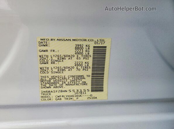 1N6BA1F28HN553155 2017 NISSAN TITAN White Widok naklejki z numerem VIN