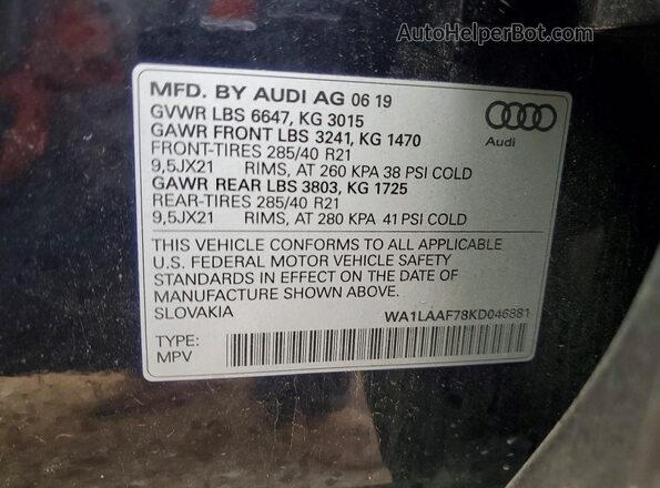 WA1LAAF78KD046881 2019 AUDI Q7 Черный Вид наклейки с VIN-кодом